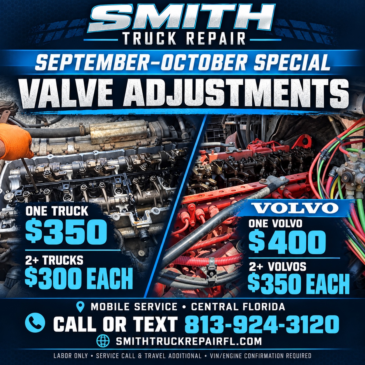 September–October mobile valve adjustment special from Smith Truck Repair